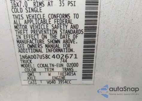 2008 Nissan Frontier Se from USA, damaged, VIN 1N6AD07U58C402671
